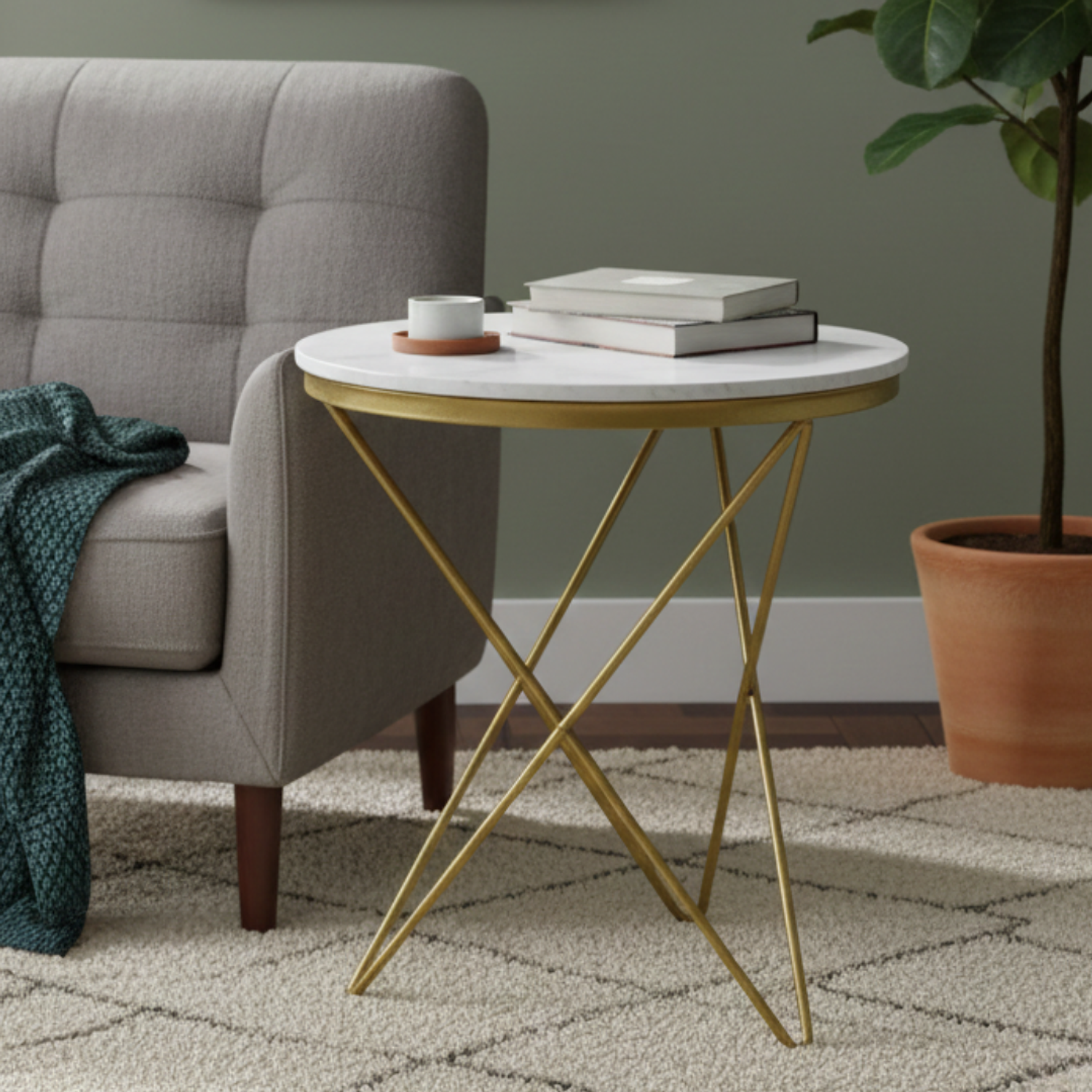 Mesa Auxiliar Redonda de Piedra Sinterizada Acabado Mármol y Dorado 3