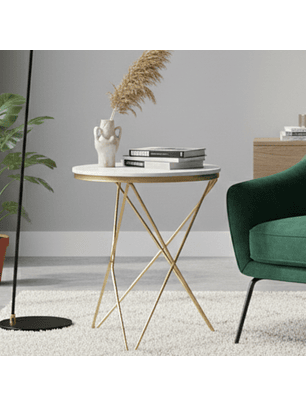 Mesa Auxiliar Redonda de Piedra Sinterizada Acabado Mármol y Dorado