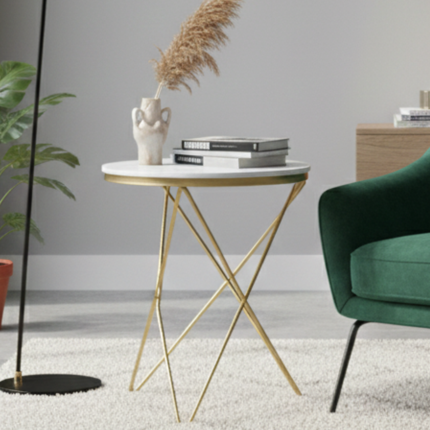 Mesa Auxiliar Redonda de Piedra Sinterizada Acabado Mármol y Dorado 2