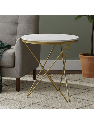 Mesa Auxiliar Redonda de Piedra Sinterizada Acabado Mármol y Dorado