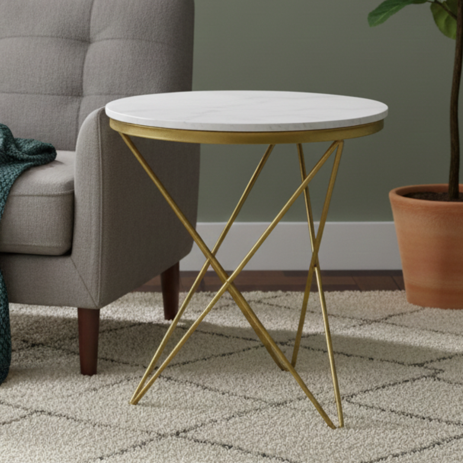 Mesa Auxiliar Redonda de Piedra Sinterizada Acabado Mármol y Dorado 1