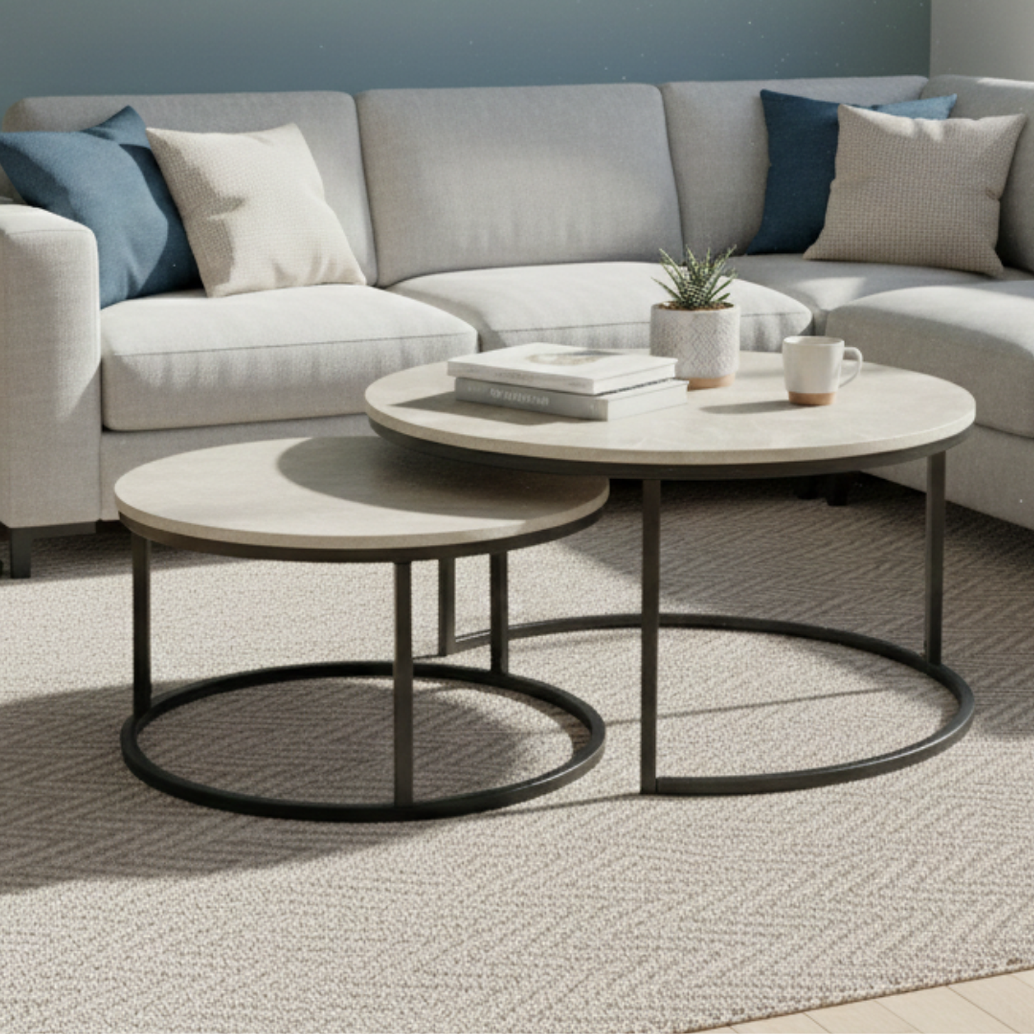 Mesa de Centro Doble Circulares con Efecto Mármol Gris 11