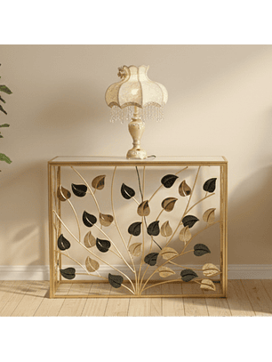 Arrimo de Entrada Dorado con Diseño de Hojas y Base Blanca