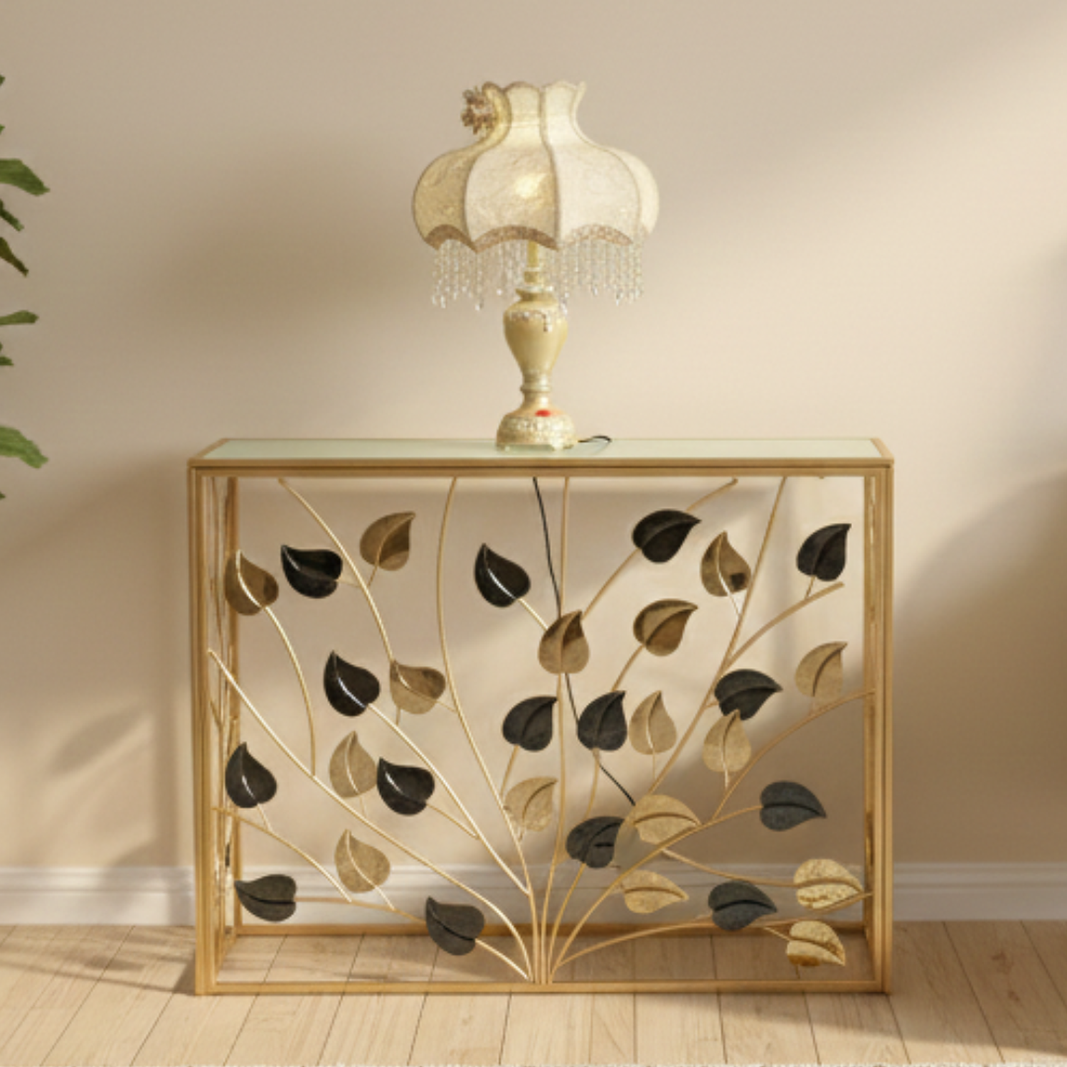 Arrimo de Entrada Dorado con Diseño de Hojas y Base Blanca 2