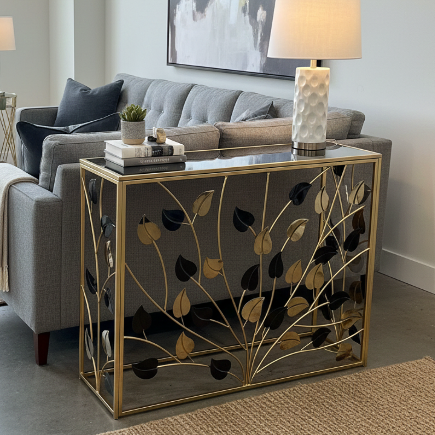 Arrimo Moderno de Hojas Doradas y Cristal Negro 2