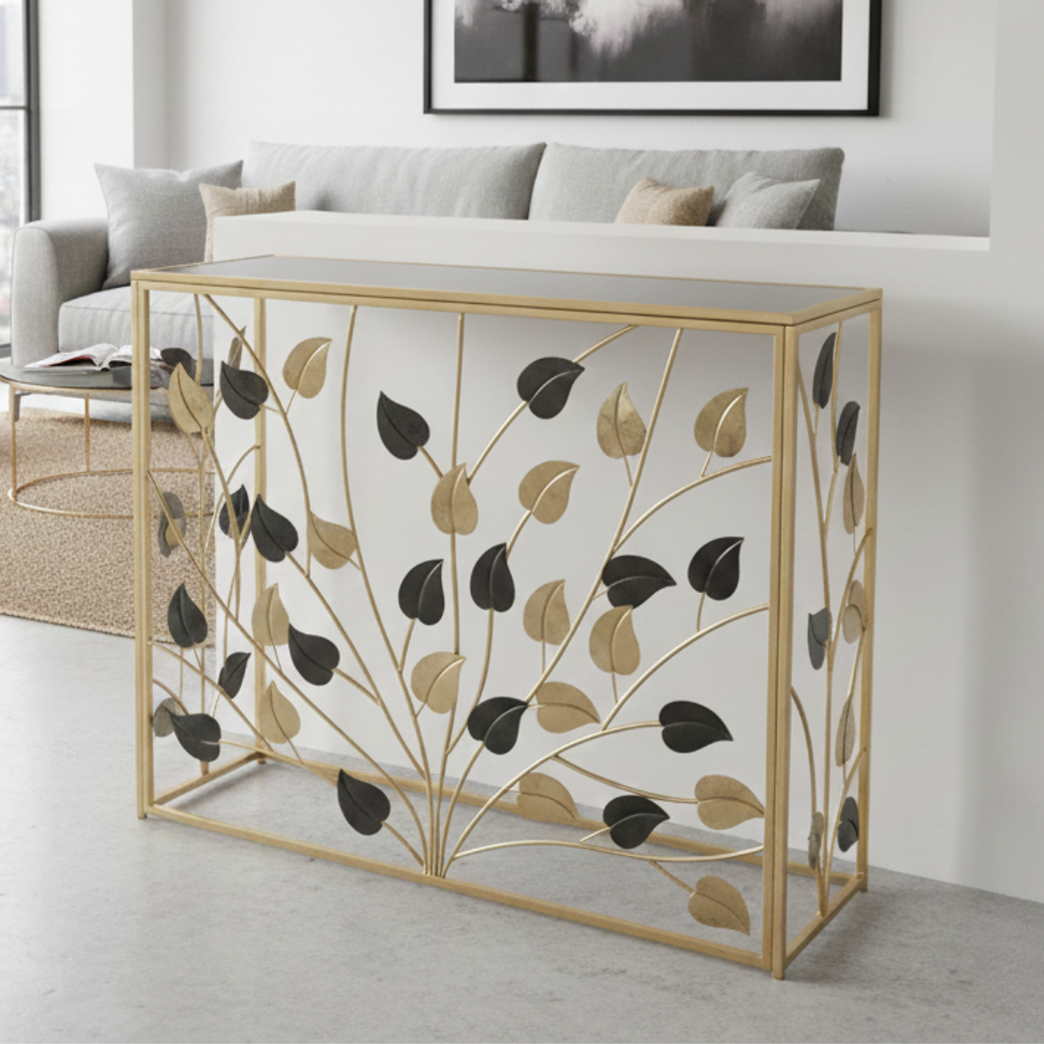 Arrimo Moderno de Hojas Doradas y Cristal Negro 1