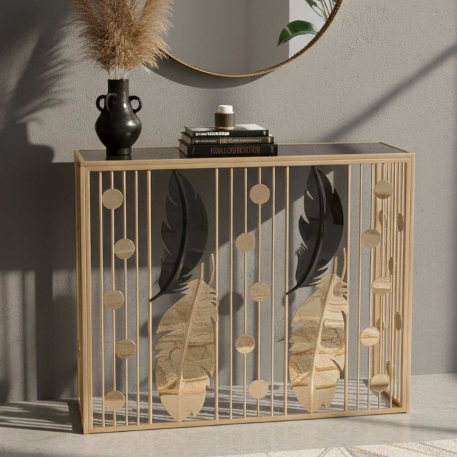 Arrimo Negra con Base Dorado De Pluma 2