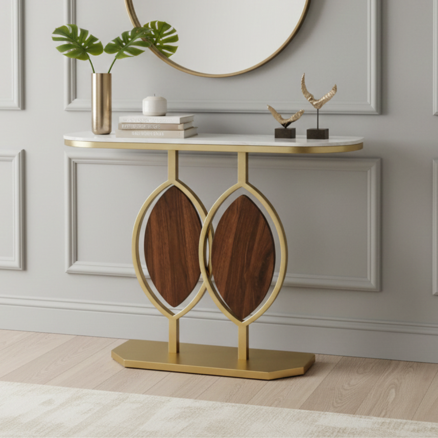 Arrimo Moderno con Base Dorada y Detalles de Madera 1