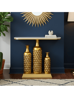 Arrimo Moderno Trío de Jarrones Dorados con Tapa Blanca