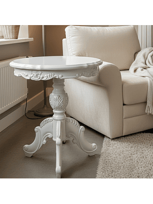 Mesa Lateral de Madera Redonda Tallada Color Blanca 70x60