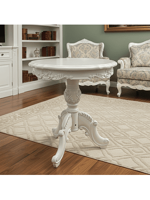 Mesa Lateral de Madera Redonda Tallada Color Blanca 70x60