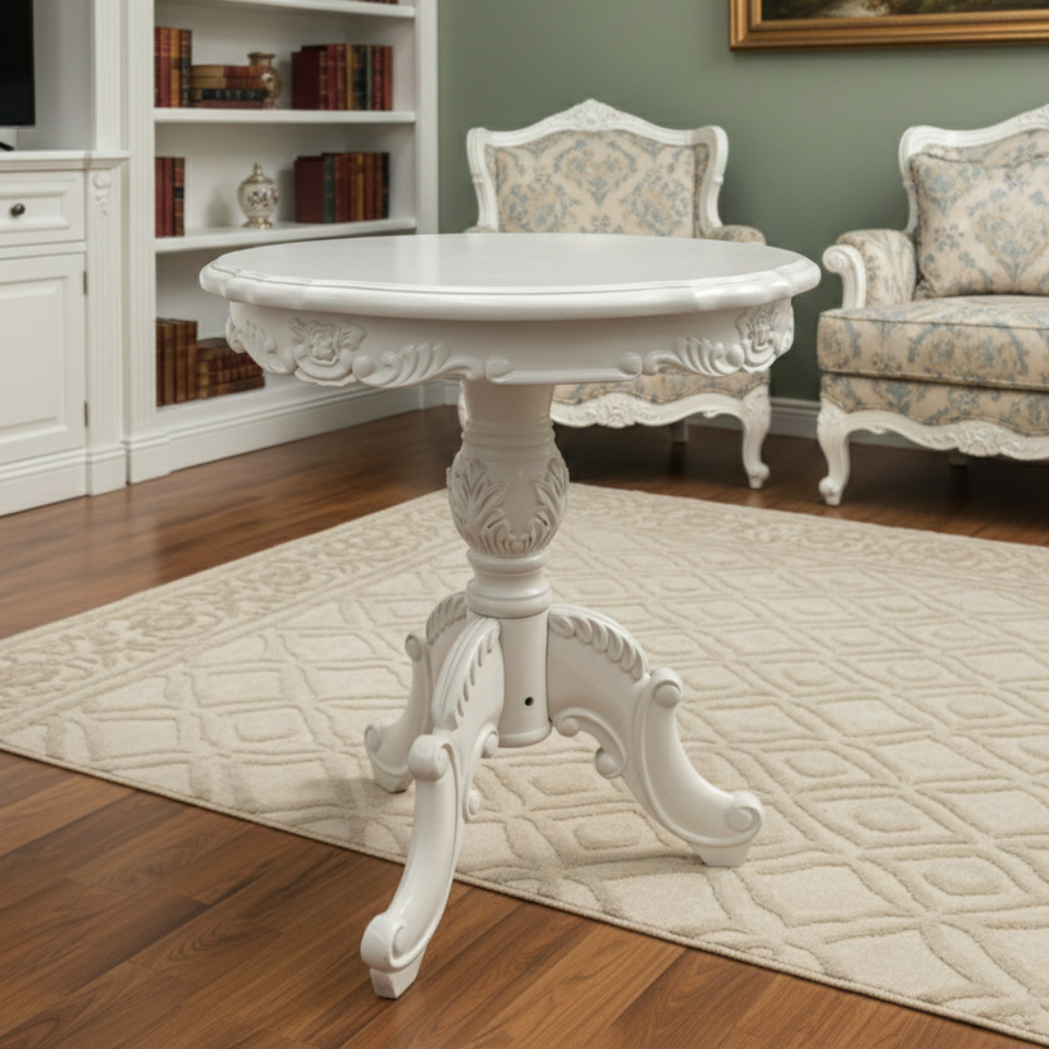 Mesa Lateral de Madera Redonda Tallada Color Blanca 70x60 1