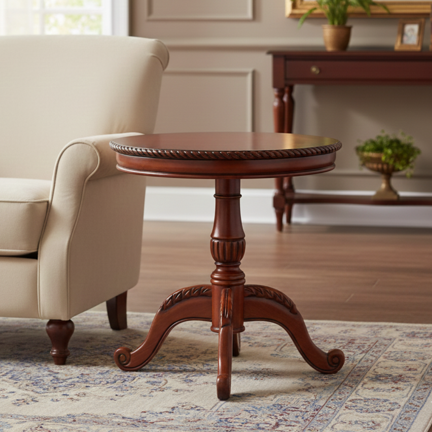 Mesa Lateral con Bordes Trenzados de Madera Color Caoba 60x60 1