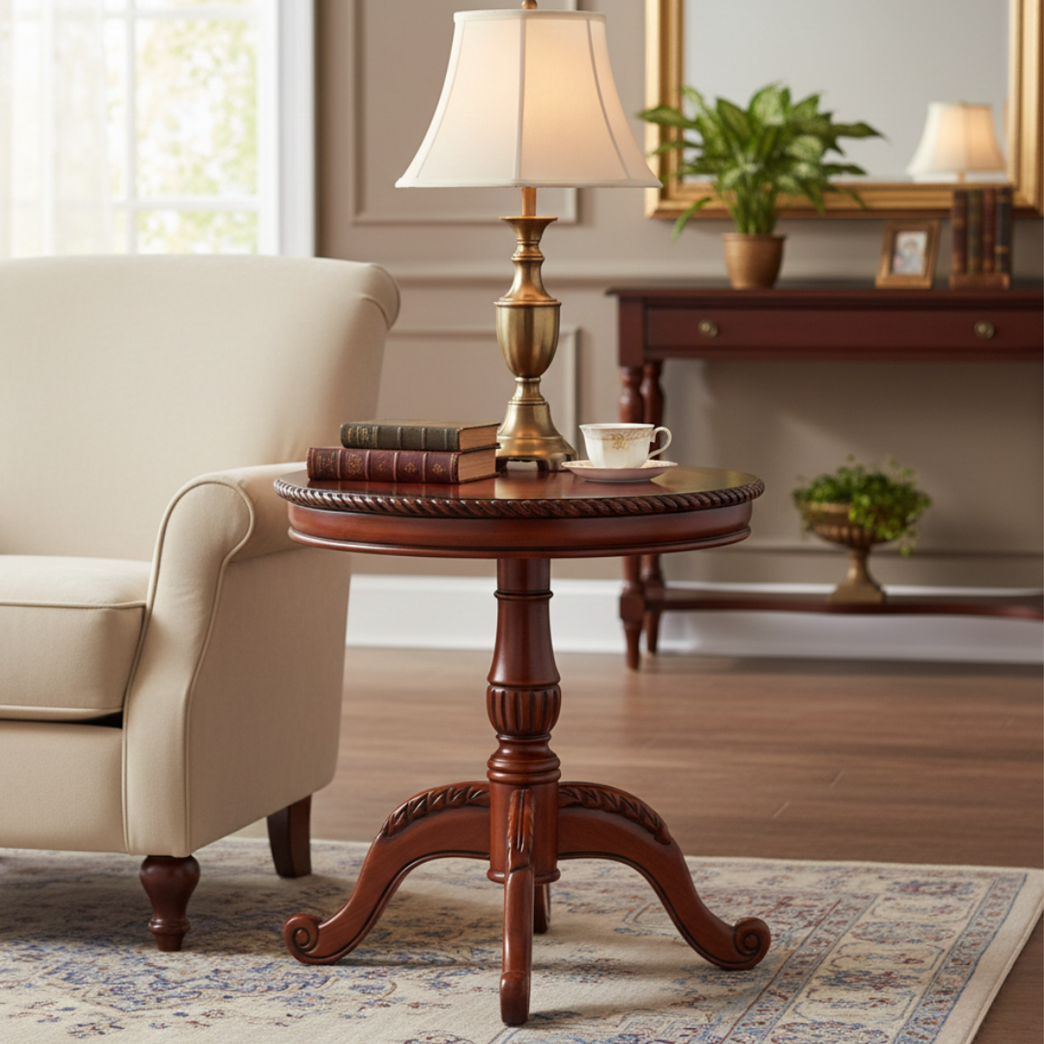 Mesa Lateral con Bordes Trenzados de Madera Color Caoba 60x60 2