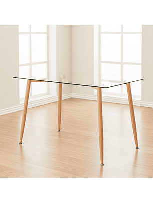 Mesa Rectangular 4 Puestos en Vidrio y Pata Tipo Madera 120x80 cm