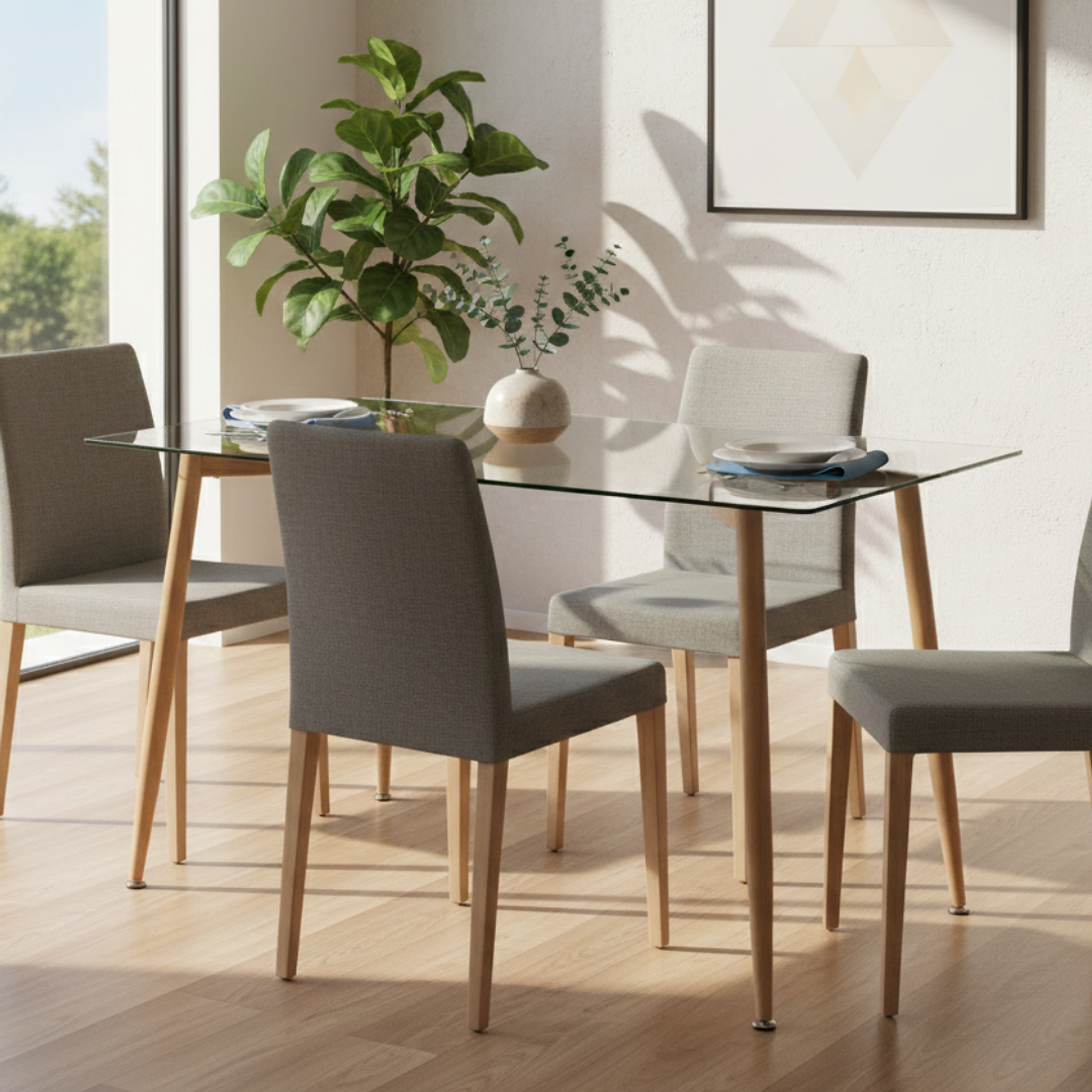 Mesa Rectangular 4 Puestos en Vidrio y Pata Tipo Madera 120x80 cm 2