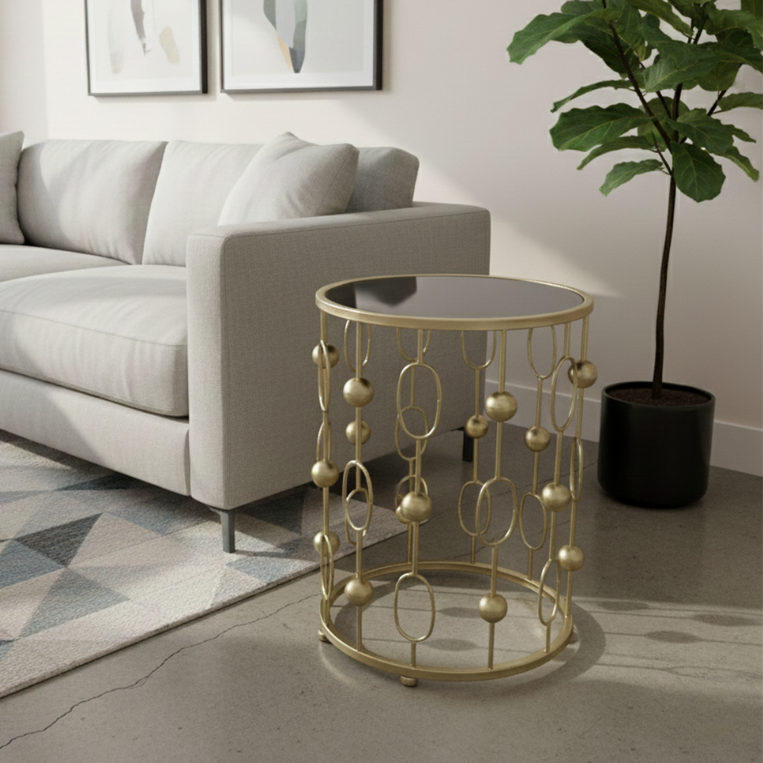 Mesa Lateral Moderna de Cristal Negro y Estructura Dorada 5