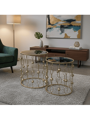 Mesa Lateral Moderna de Cristal Negro y Estructura Dorada