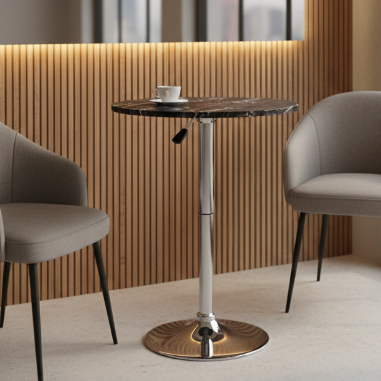 Mesa de Bar Alta Regulable con Tapa Efecto Mármol y Base Cromada 9