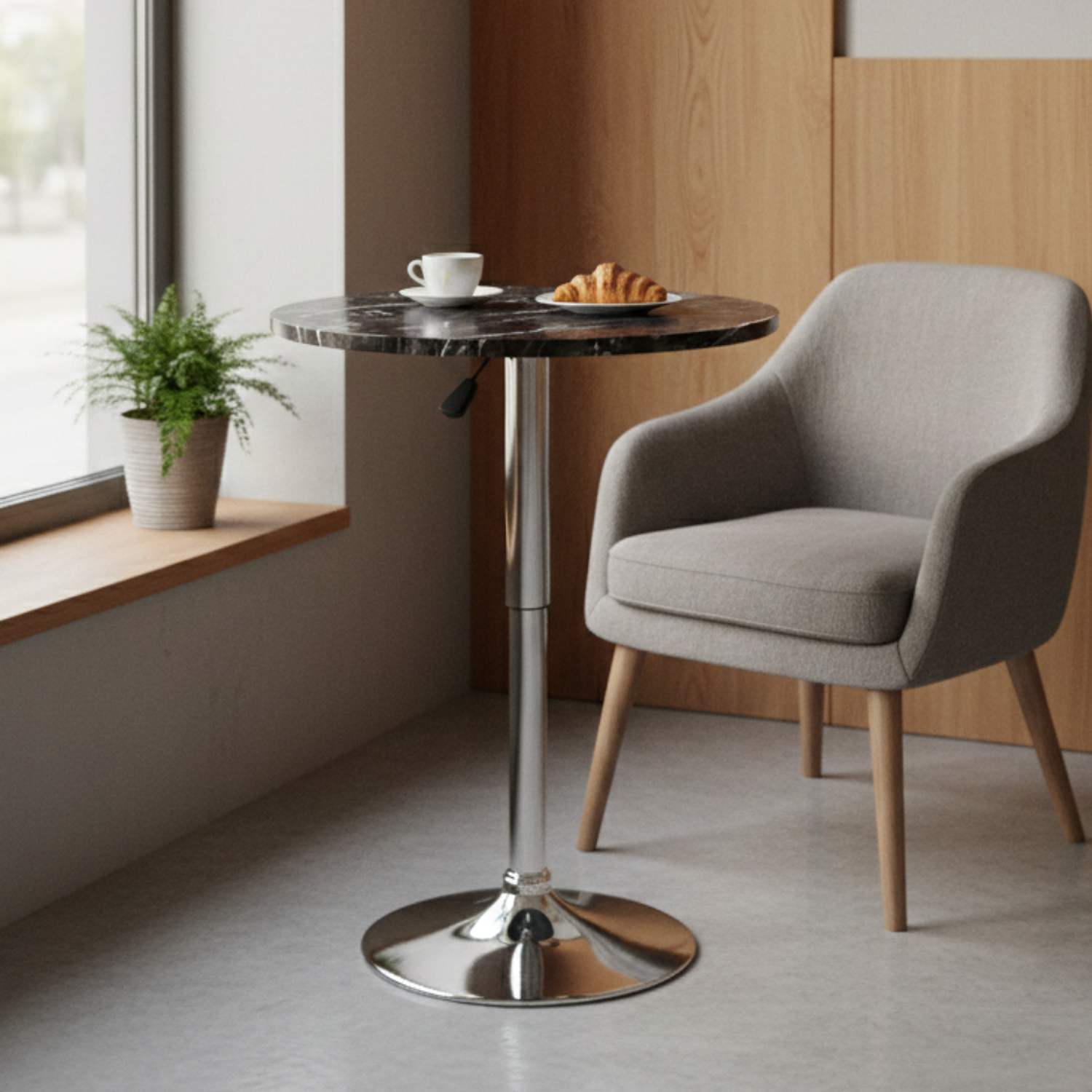 Mesa de Bar Alta Regulable con Tapa Efecto Mármol y Base Cromada 8