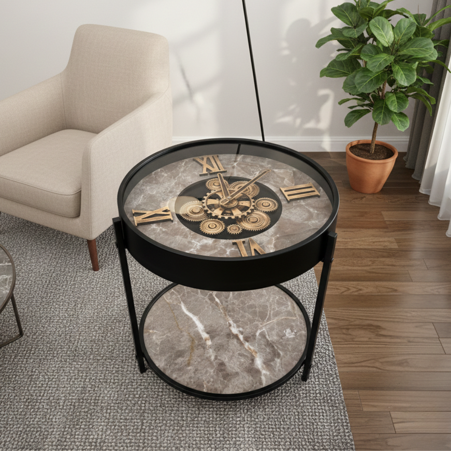 Mesa de Centro con Reloj Integrado y Acabado Efecto Mármol 7