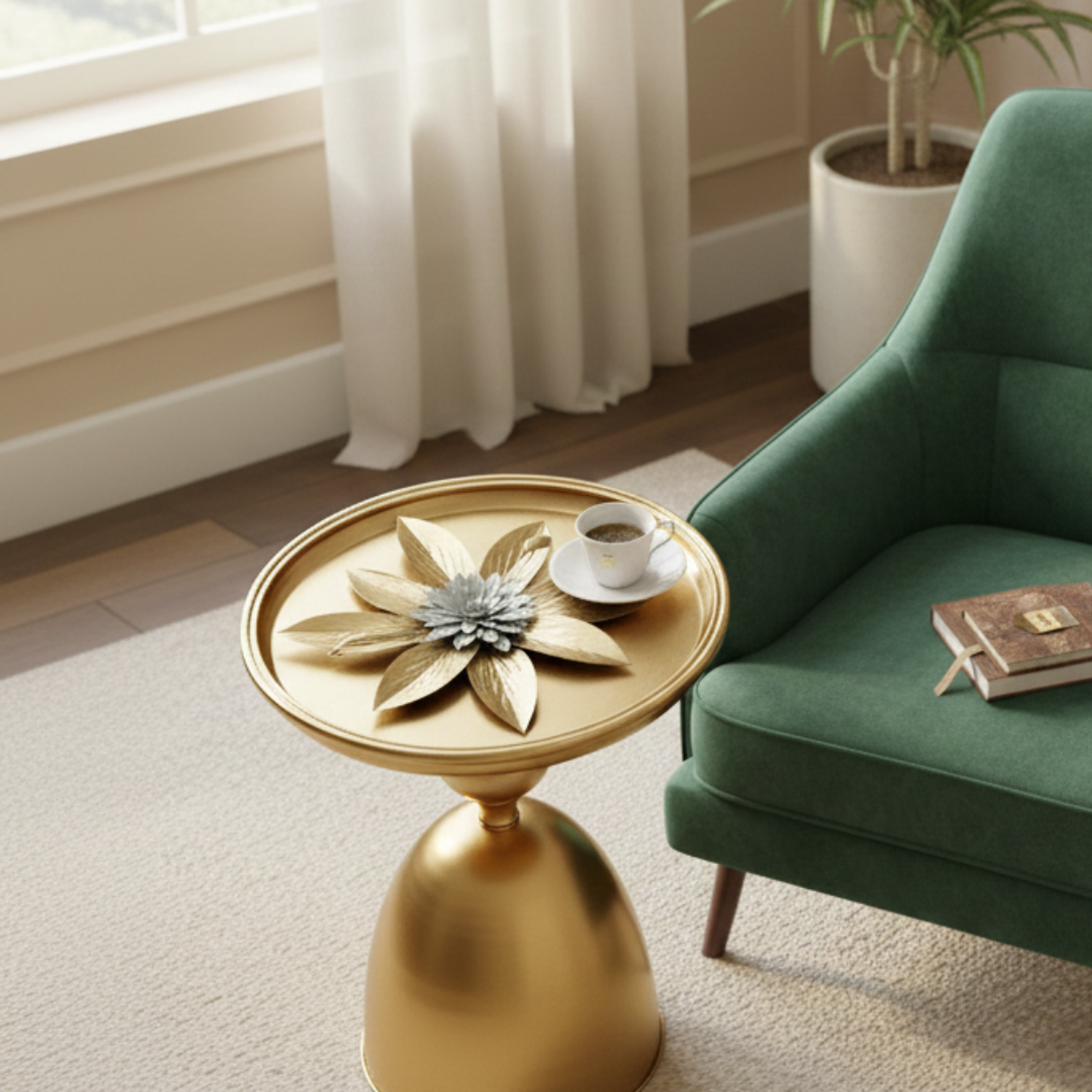 Mesa Lateral de Metal Dorado con Diseño de Flor  2