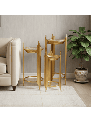 Set de 3 Mesas Laterales Doradas con Vidrio Templado.