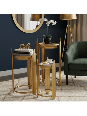 Set de 3 Mesas Laterales Doradas con Vidrio Templado.