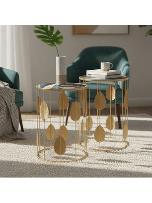 Mesas de Centro Circulares Doradas con Diseño de Hojas