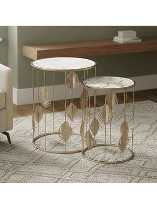 Mesas Laterales con Efecto Mármol y Base de Hojas Doradas