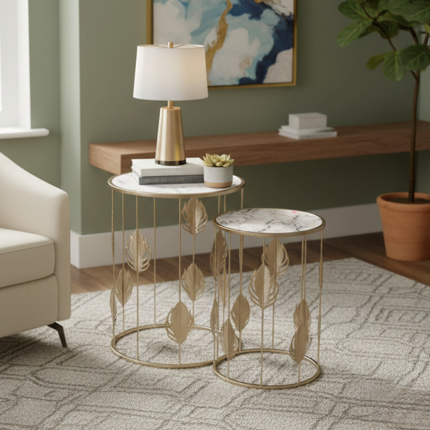 Mesas Laterales con Efecto Mármol y Base de Hojas Doradas 3