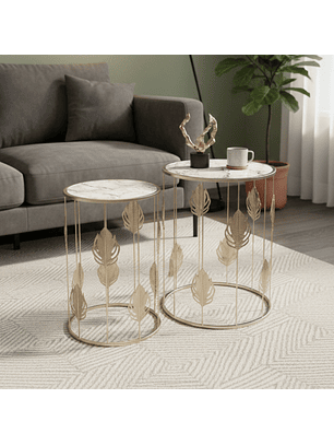 Mesas Laterales con Efecto Mármol y Base de Hojas Doradas