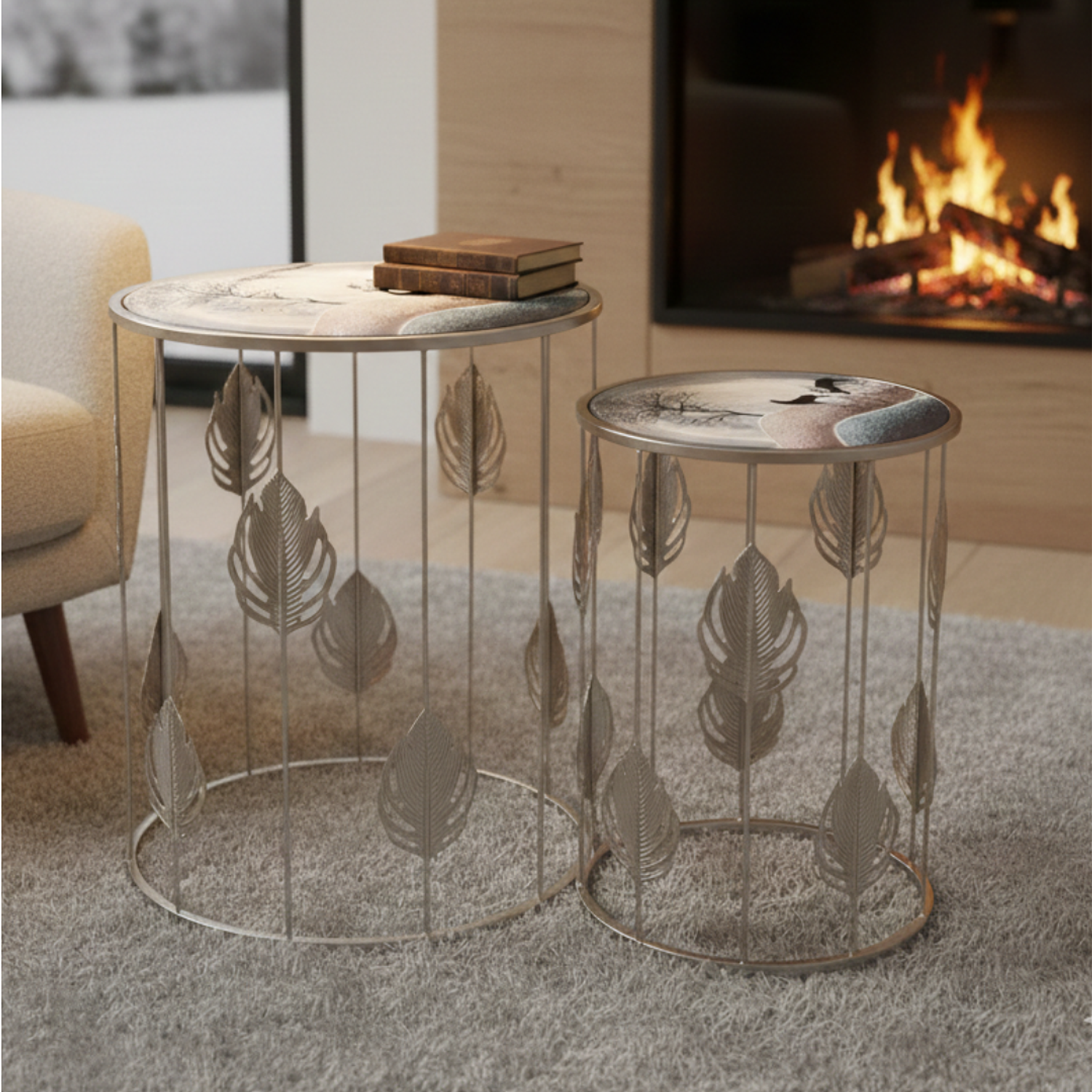 Set de 2 Mesas Laterales Redondas Diseño de Reno  2