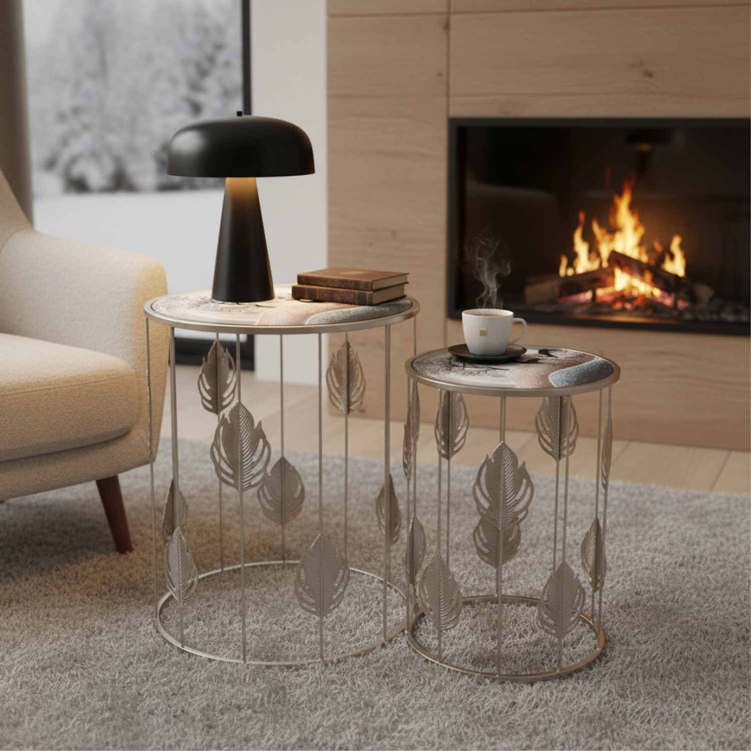 Set de 2 Mesas Laterales Redondas Diseño de Reno  3