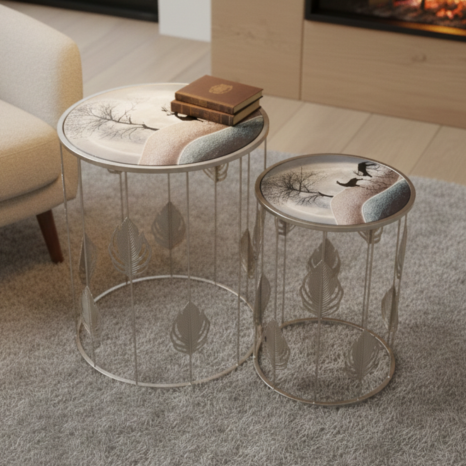 Set de 2 Mesas Laterales Redondas Diseño de Reno  1
