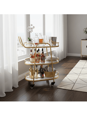 Carrito de Bar de 3 Pisos con Acabado Dorado