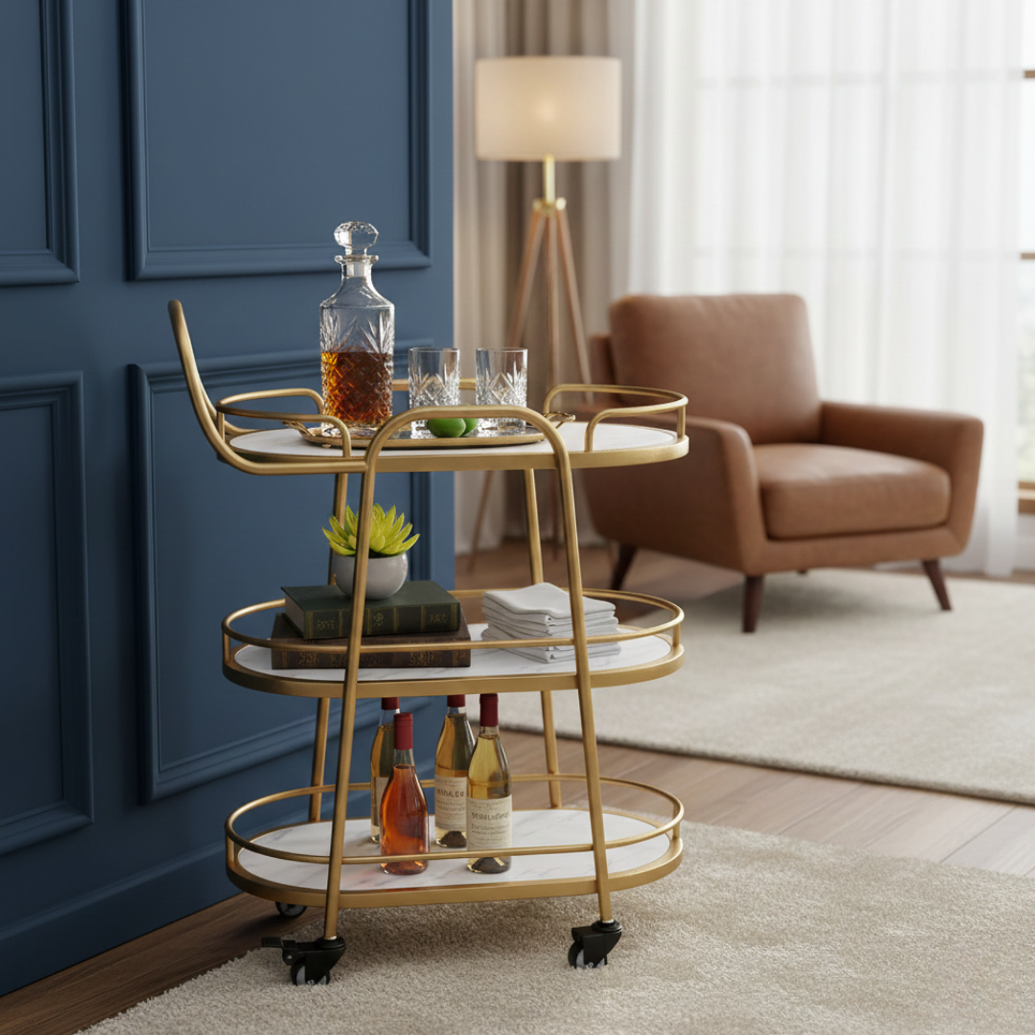 Carrito de Bar de 3 Pisos con Acabado Dorado 3