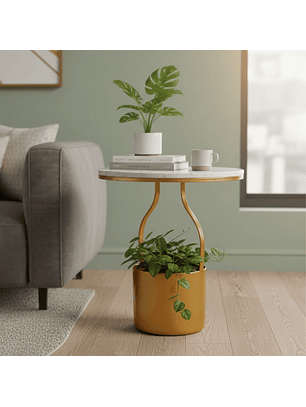 Mesa Lateral Efecto Mármol con Base de Metal Dorado