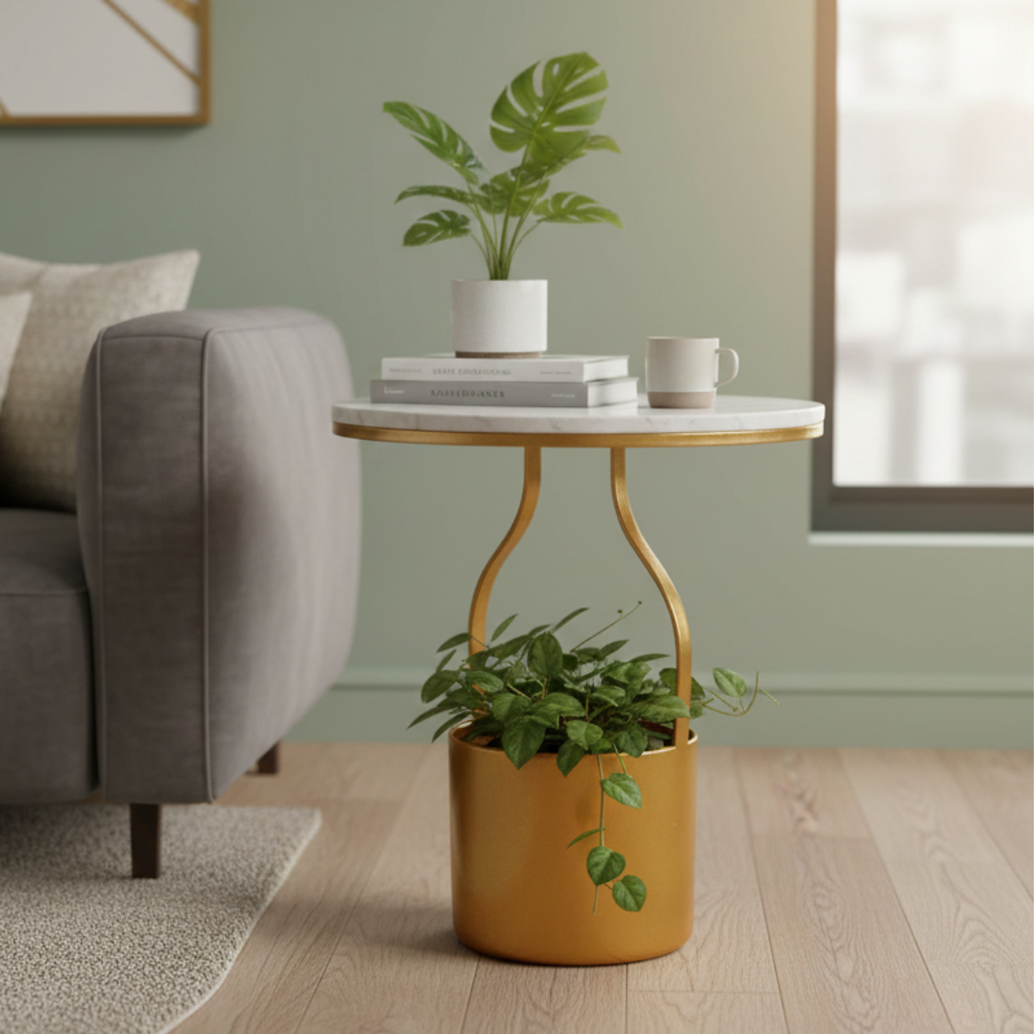 Mesa Lateral Efecto Mármol con Base de Metal Dorado 2