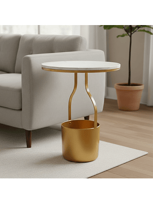 Mesa Lateral Efecto Mármol con Base de Metal Dorado
