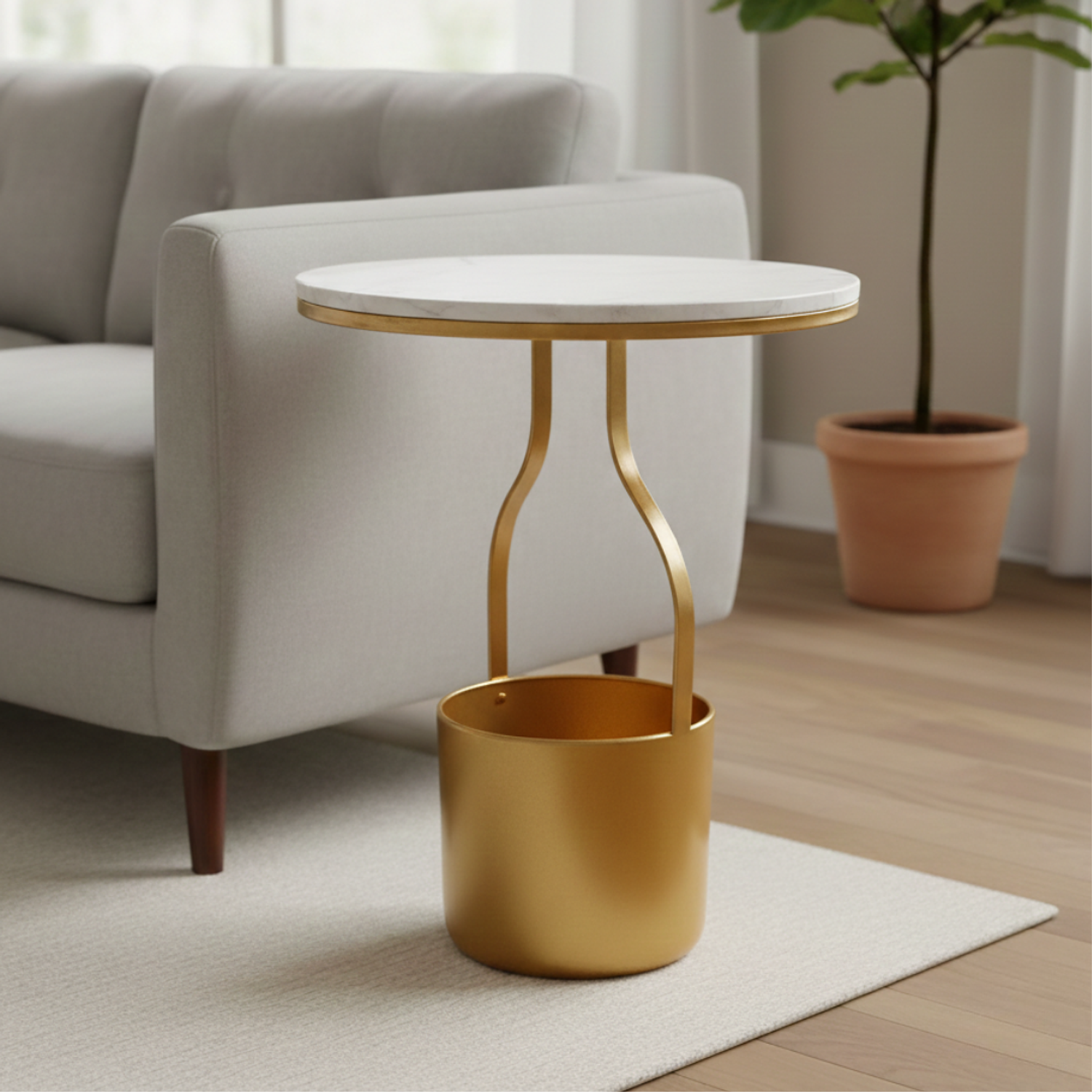 Mesa Lateral Efecto Mármol con Base de Metal Dorado 1