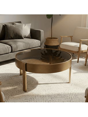 Mesa de Centro Circular de Bronce con Tapa de Cristal