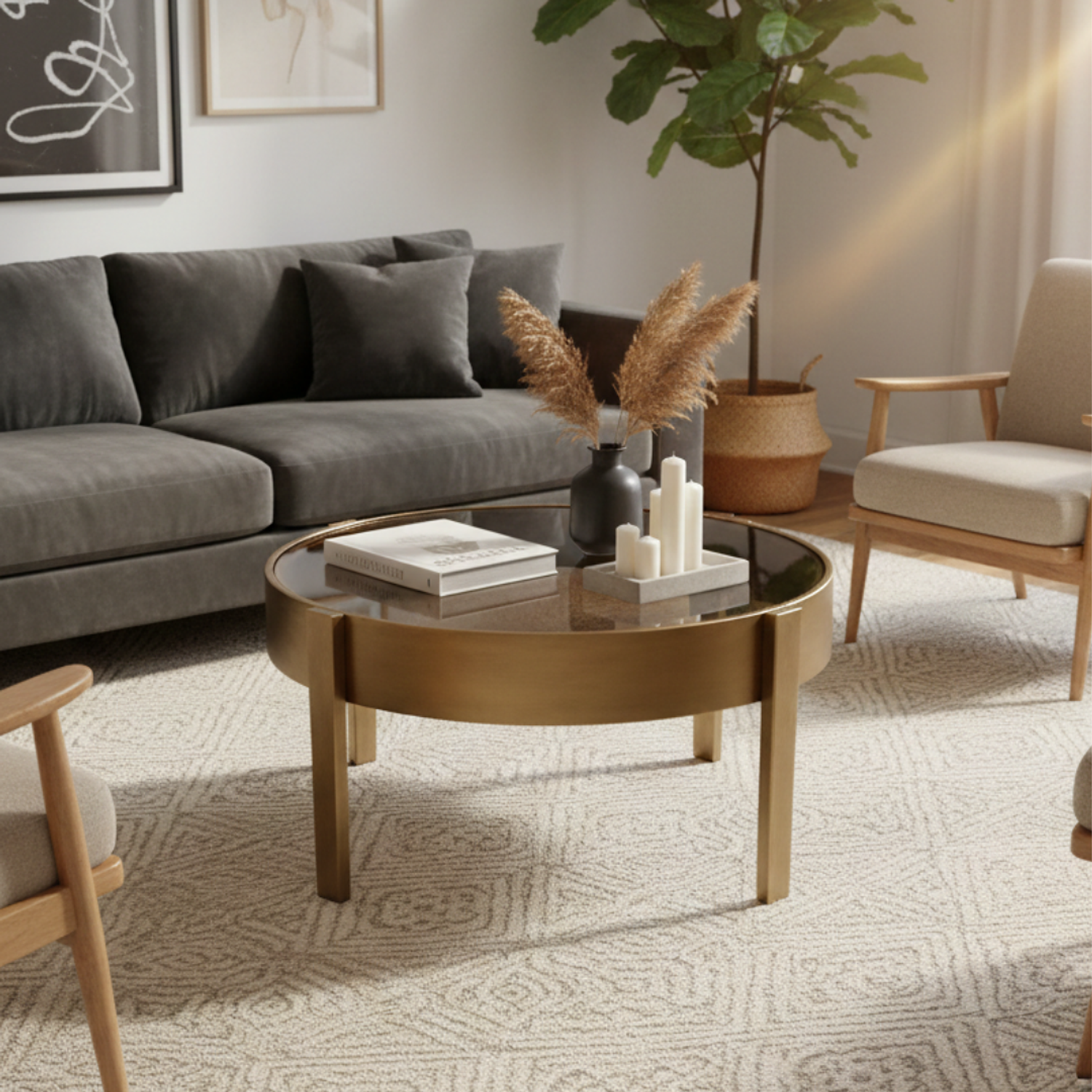 Mesa de Centro Circular de Bronce con Tapa de Cristal 3