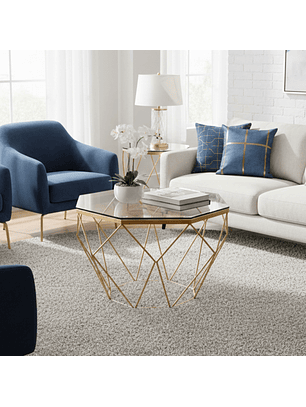 Mesa de Centro Hexagonal Estilo Diamante Base Dorada