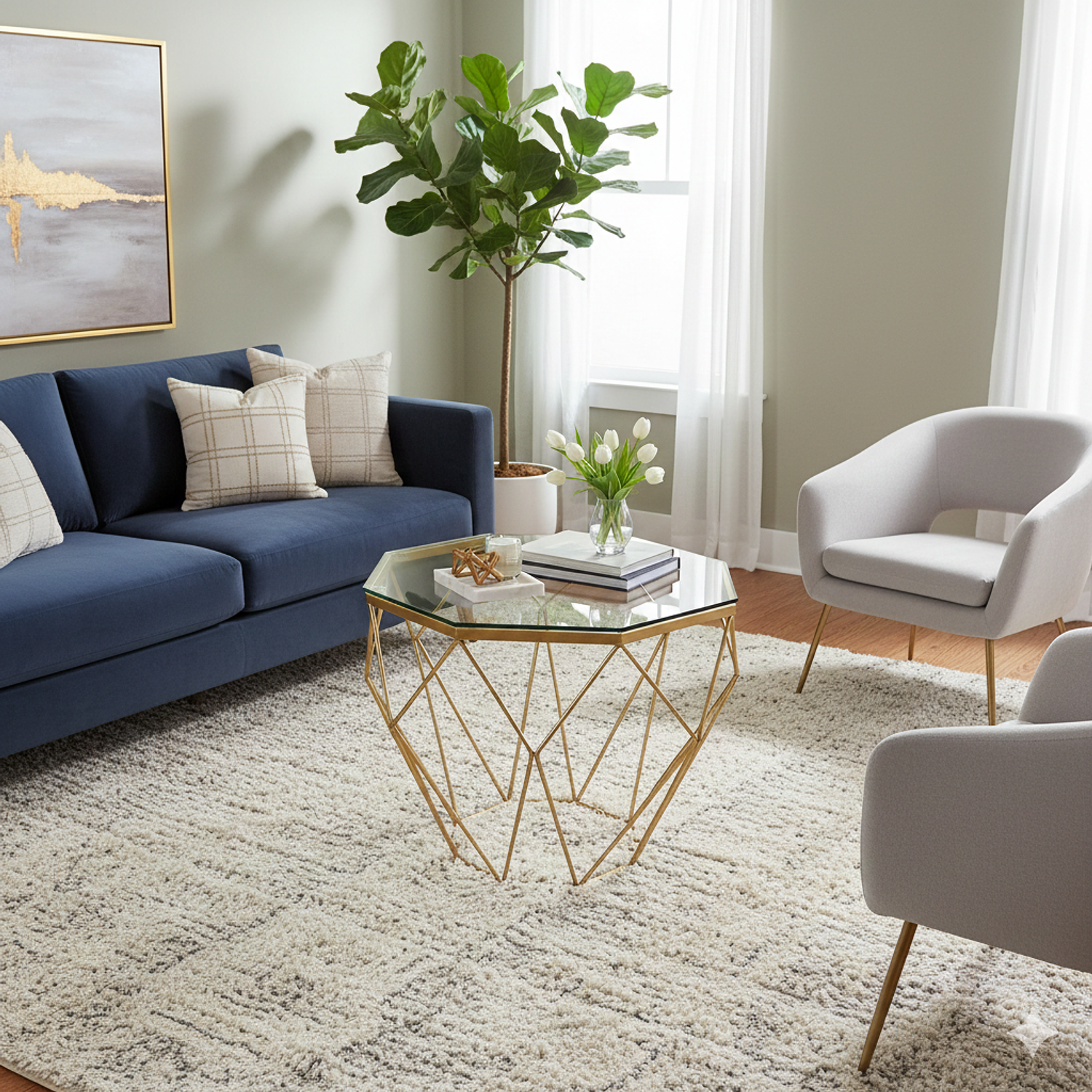 Mesa de Centro Hexagonal Estilo Diamante Base Dorada 3