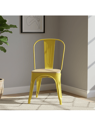 Silla Tolix Amarilla con Asiento de Madera