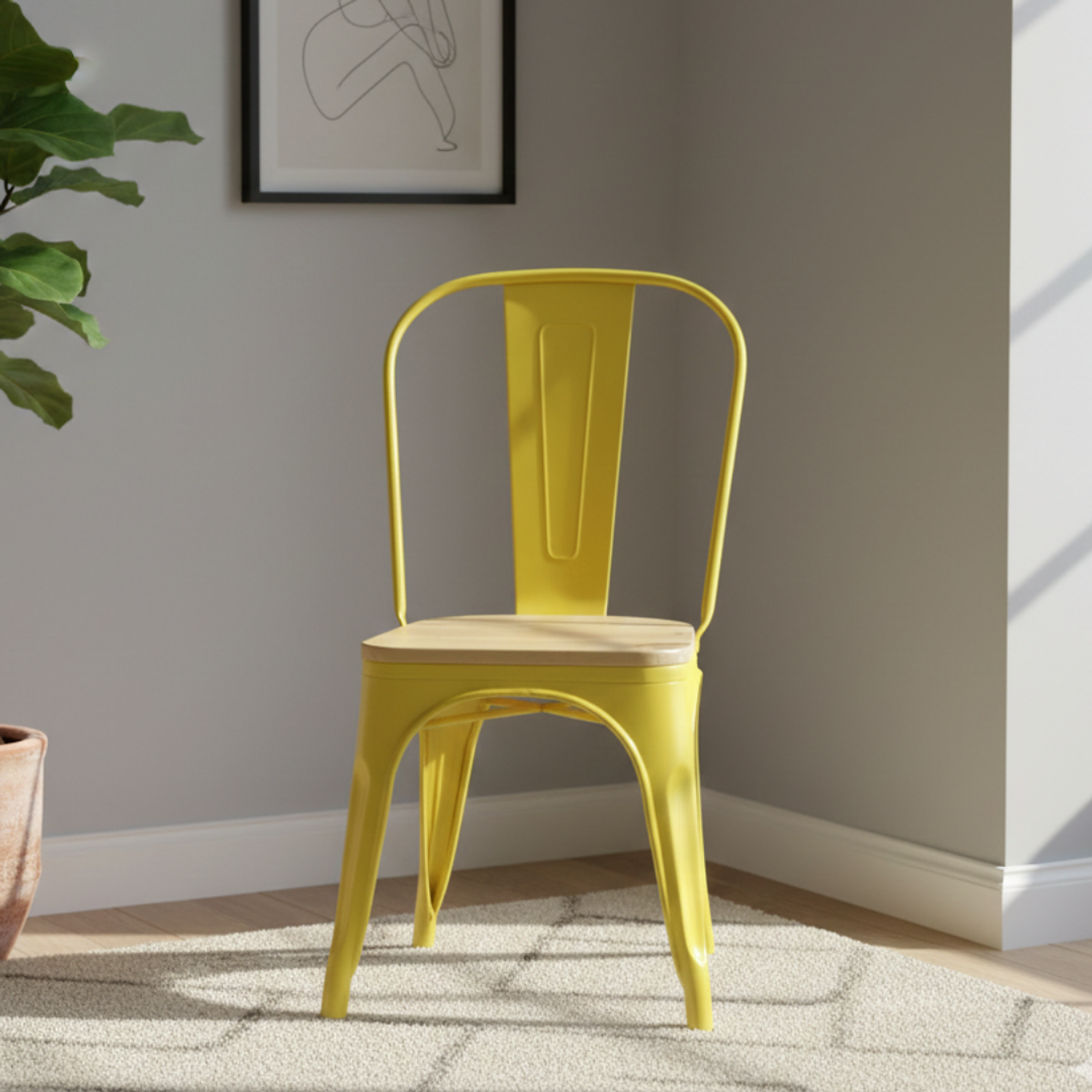 Silla Tolix Amarilla con Asiento de Madera 1