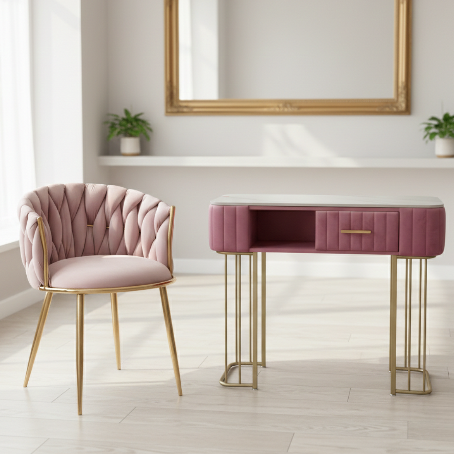 Set de Manicura Velvet Rosado con Silla Tapizada y Mesa con Cajón Velvet Blush Gold 1