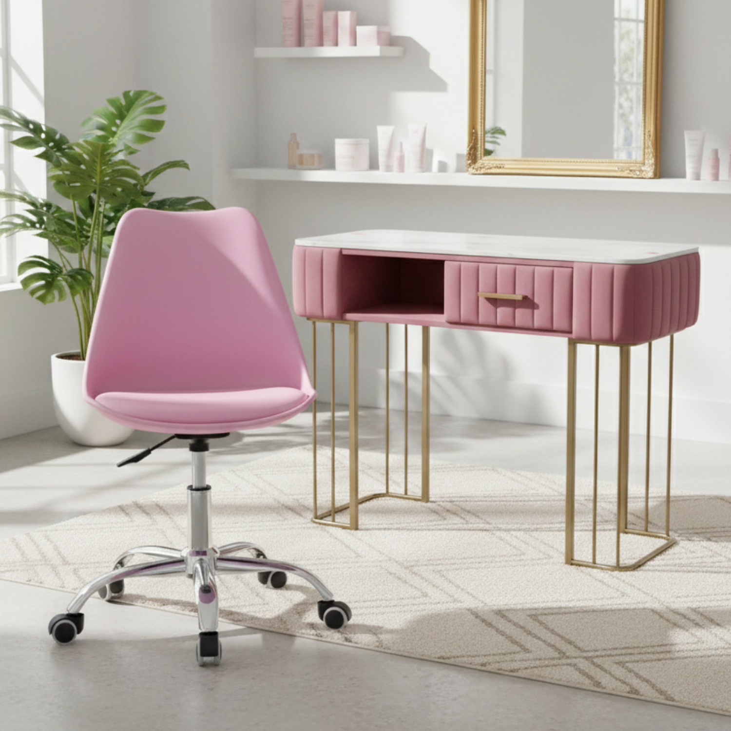 Set de Para Manicure Mesa de Piedra Sinterizada y Sillas Tejidas Rosa Profesional 2