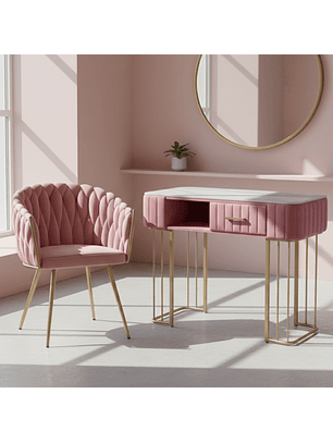 Set de Manicura Mesa de Piedra Sinterizada y Silla Tejida Patas Doradas 